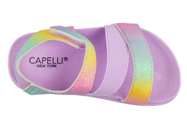 Toddler Girls Pastel Fine Glitter Multi Strap Sandal with Elastic and Velcro Trim
