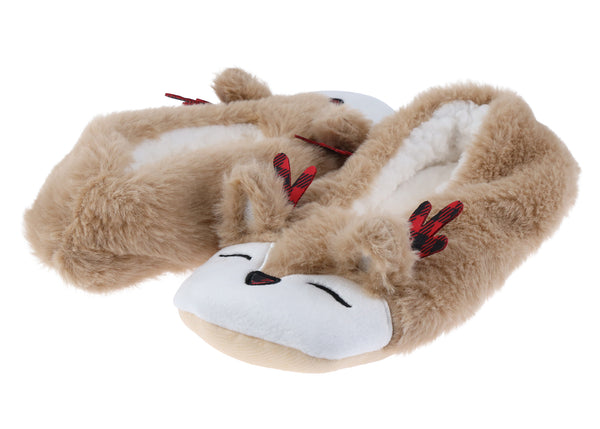 Ladies Buffalo Check Reindeer Faux Fur Slipper Socks