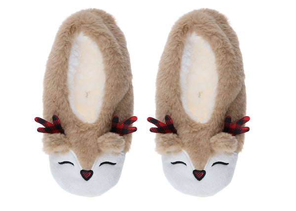 Ladies Buffalo Check Reindeer Faux Fur Slipper Socks