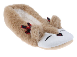 Ladies Buffalo Check Reindeer Faux Fur Slipper Socks