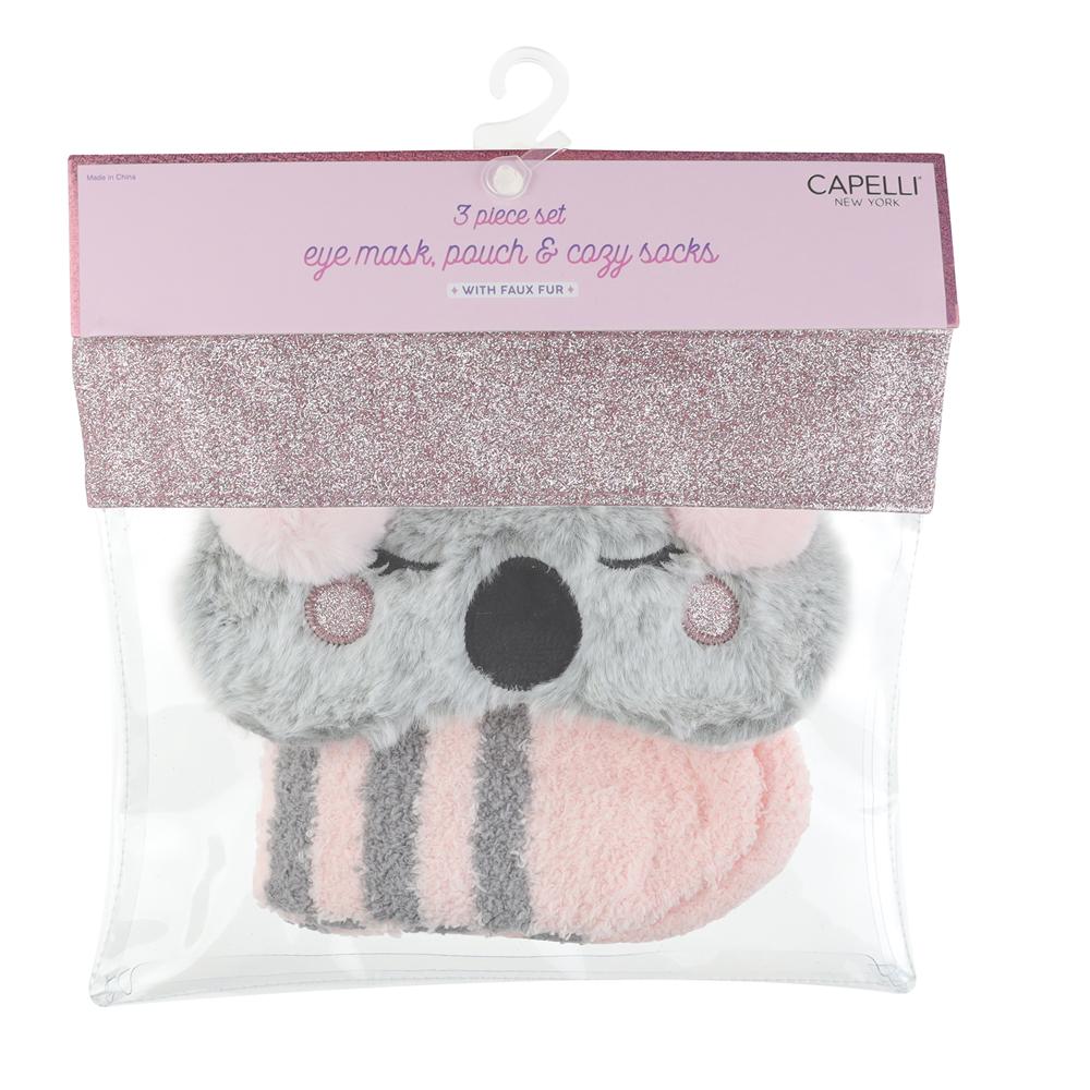 Girls Furry Koala Pouch Set with Striped Cozy Socks & Eye