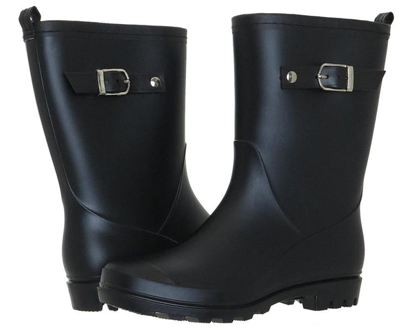 Ladies Matte Solid Black Mid-Calf Rain Boot