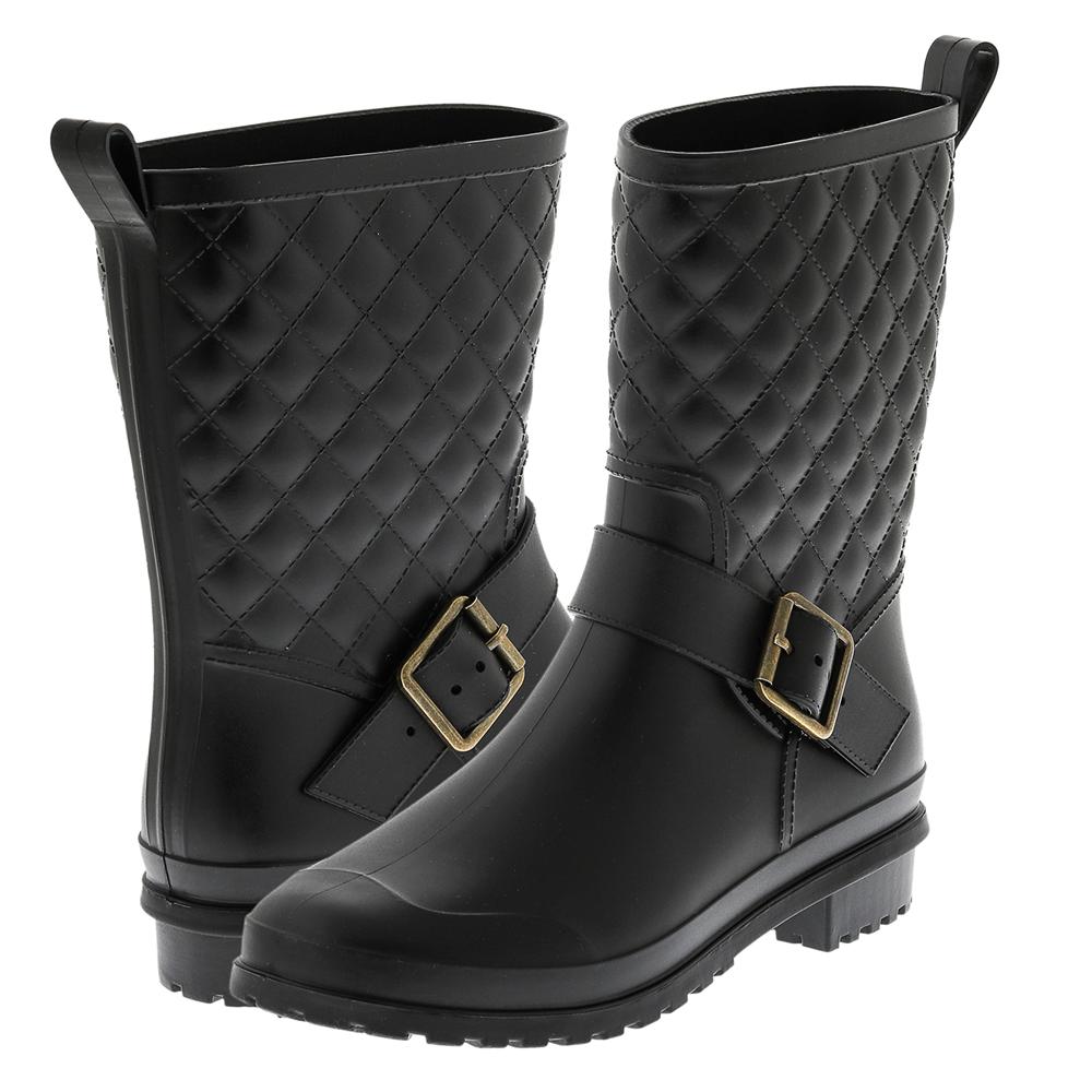 Ladies Matte Solid Black Quilted Mid Calf Rain Boot
