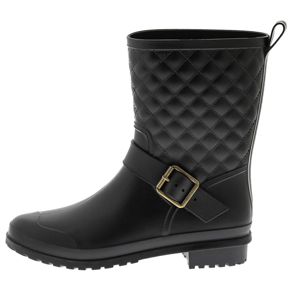 Ladies Matte Solid Black Quilted Mid Calf Rain Boot Capelli New York