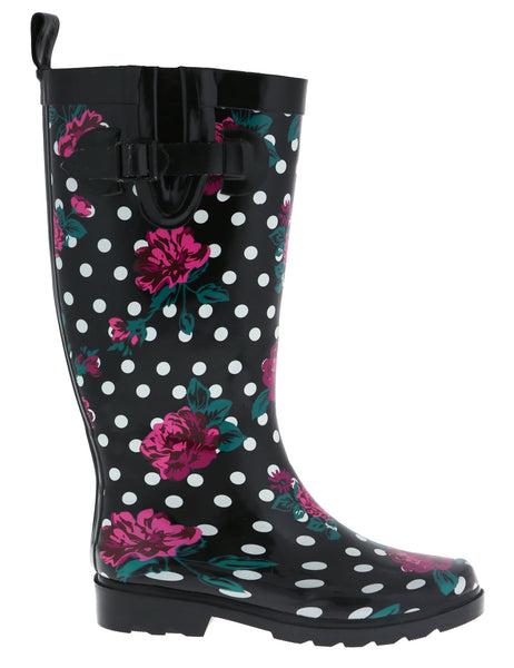 Ladies Floral Dots Tall Rubber Rain Boot