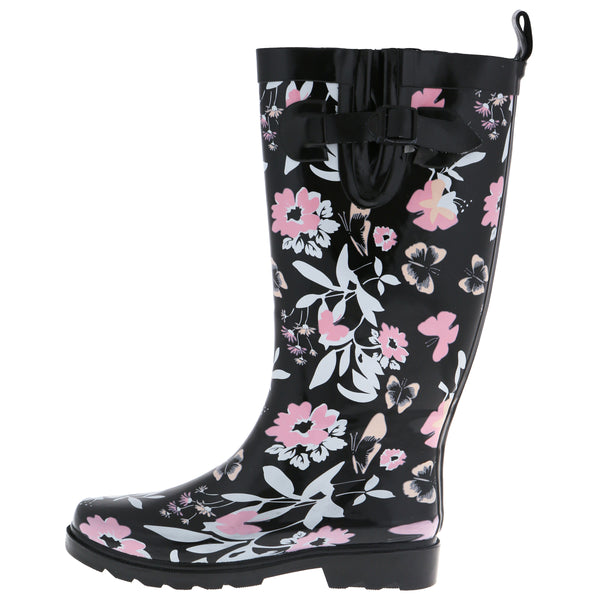 Ladies Butterfly Floral Tall Rubber Rain Boot