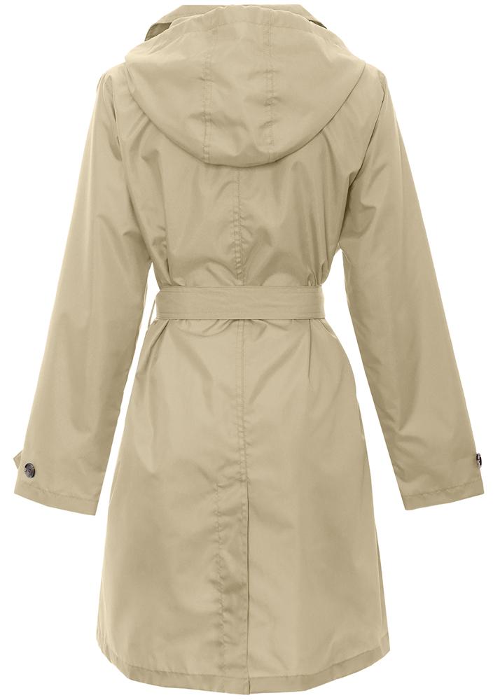 Ladies Solid Khaki Mid Length Basic Rain Coat with Removable Hood