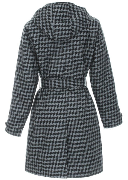 Ladies Houndstooth Printed Mid-Length Basic Rain Coat with Removable Hood