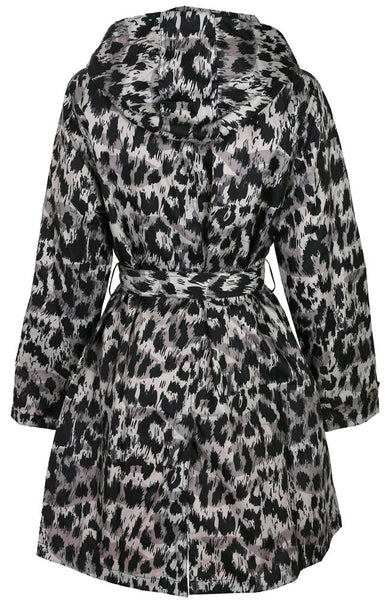 Ladies Leopard Printed Mid-Length Basic Rain Coat with Removable Hood
