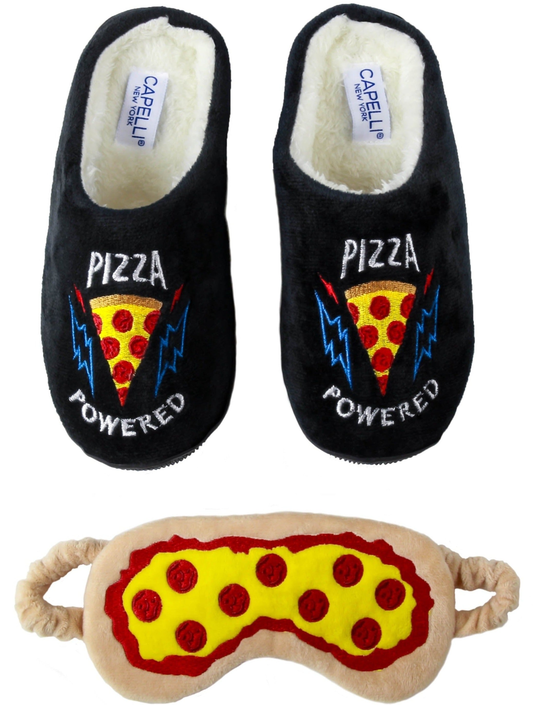 靴 CITYSHOP C ME SKIN SLIPPERS Boys Pizza Powered Eye Mask with Soft Boa Scuff Slipper