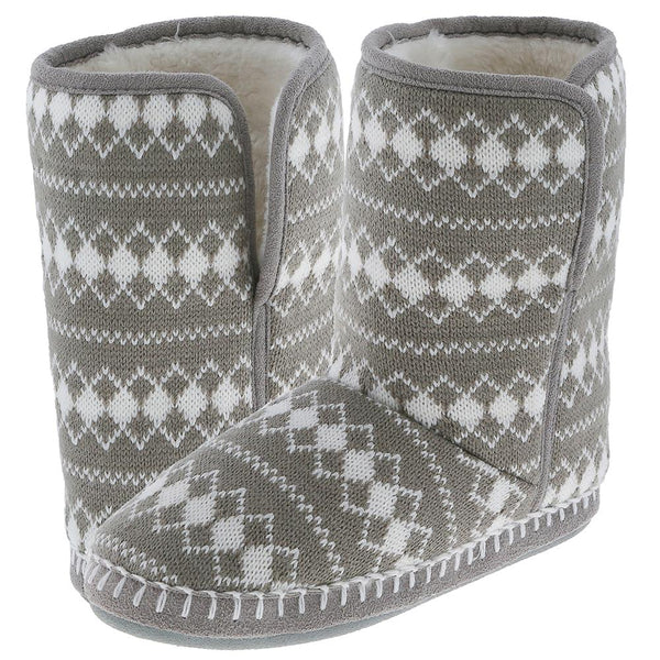 Ladies Grey Diamond Knit Slipper Boot