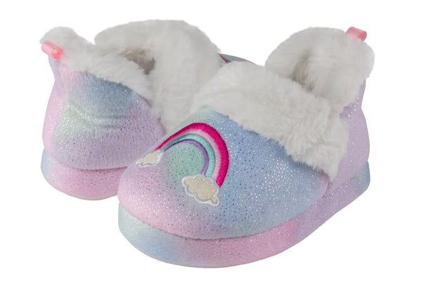 Toddler Girls Multi Color Soft Boa Slipper with Rainbow Embroidery