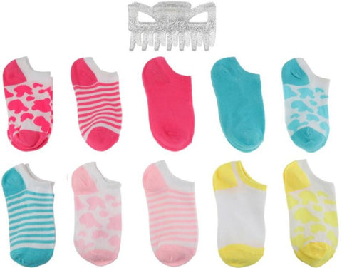 Girls Cow Print 10 Pack No Show Socks with Bonus Claw Clip