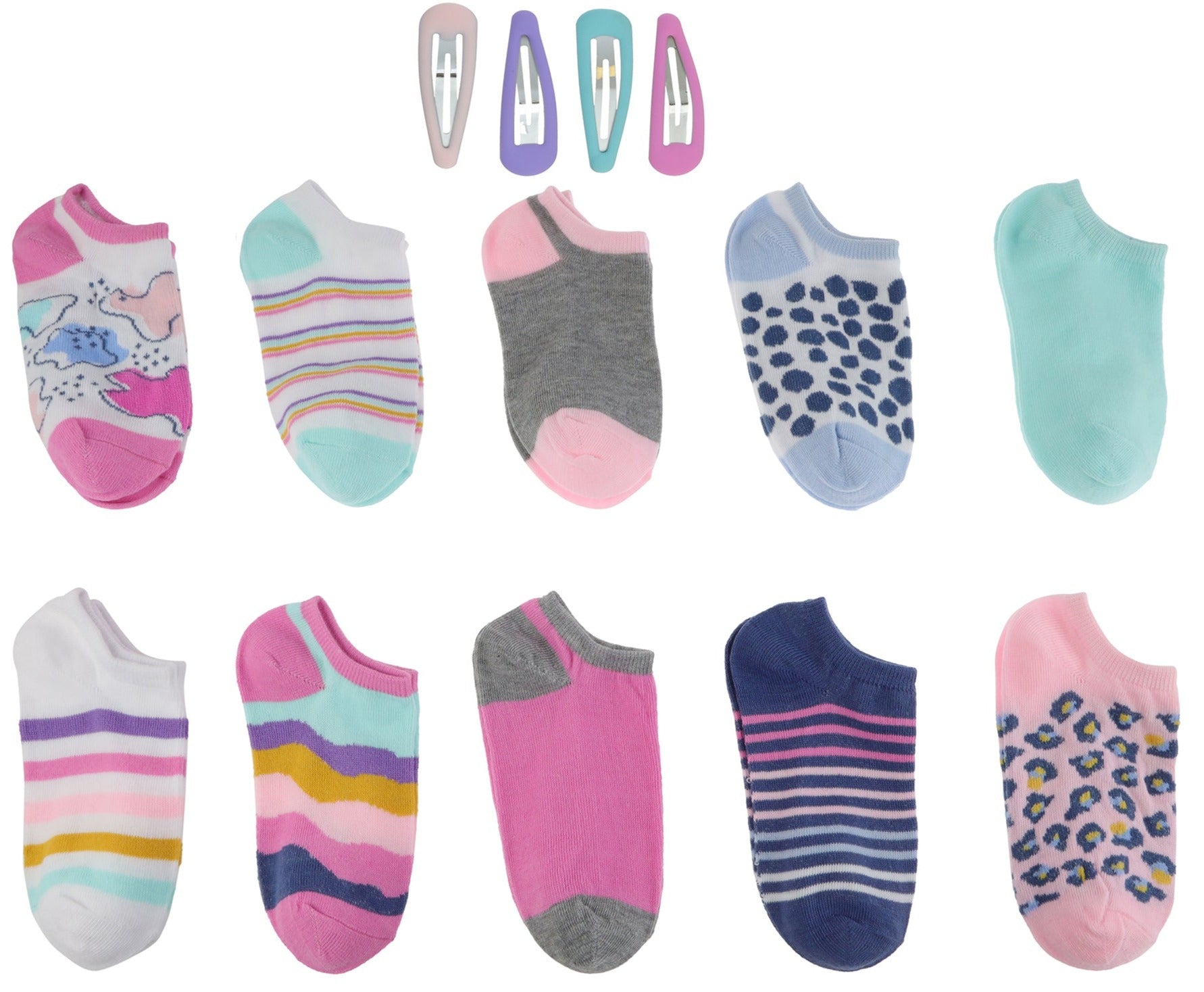 Charlotte Girls Mixed Pattern Recycled 10 Pack No Show Socks with Bonus Snap Clips