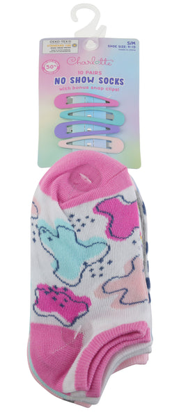 Charlotte Girls Mixed Pattern Recycled 10 Pack No Show Socks with Bonus Snap Clips