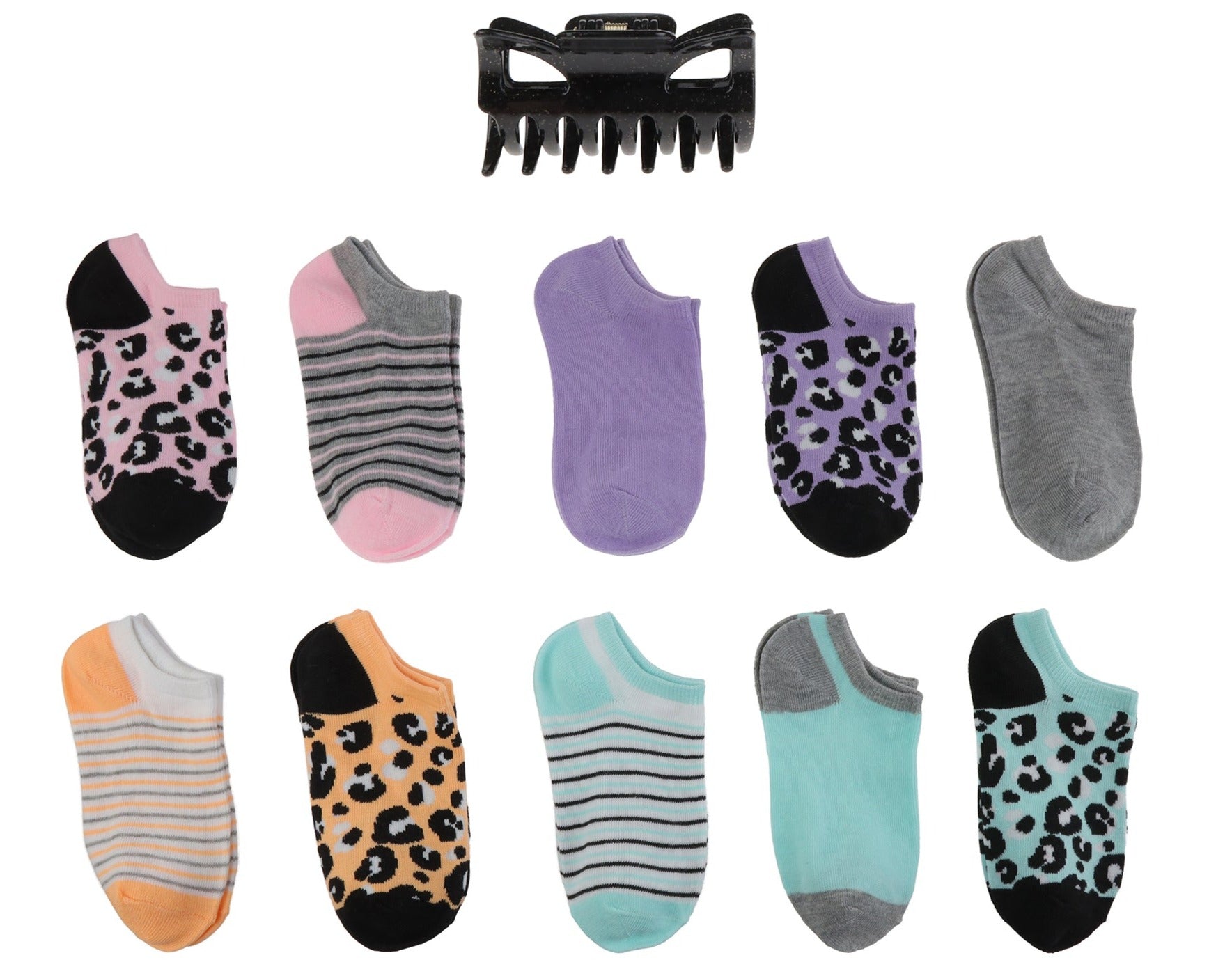 Charlotte Girls Cheetah Print 10 Pack No Show Socks with Bonus Claw Clip