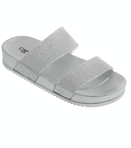 Girls Silver Glitter Double Strap Slip-On Sandal