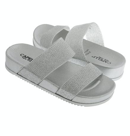 Girls Silver Glitter Double Strap Slip-On Sandal
