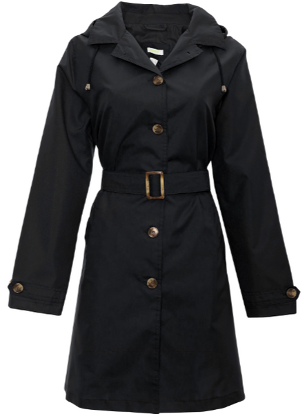 Ladies Solid Black Mid-Length Basic Rain Coat with Removable Hood