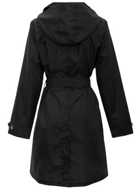 Ladies Solid Black Mid-Length Basic Rain Coat with Removable Hood