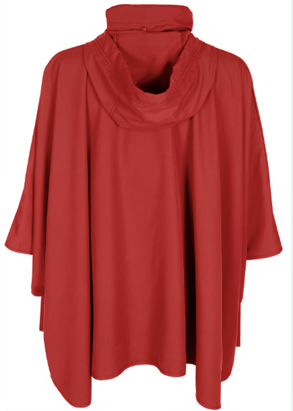 Ladies Solid Red Sporty Rain Cape with Front Zipper and Collar with Tucked in Hood
