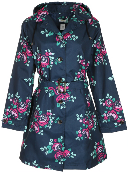 Ladies Floral Printed Mid-Length Basic Rain Coat with Removable Hood