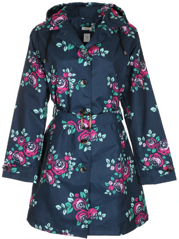 Ladies Floral Printed Mid-Length Basic Rain Coat with Removable Hood
