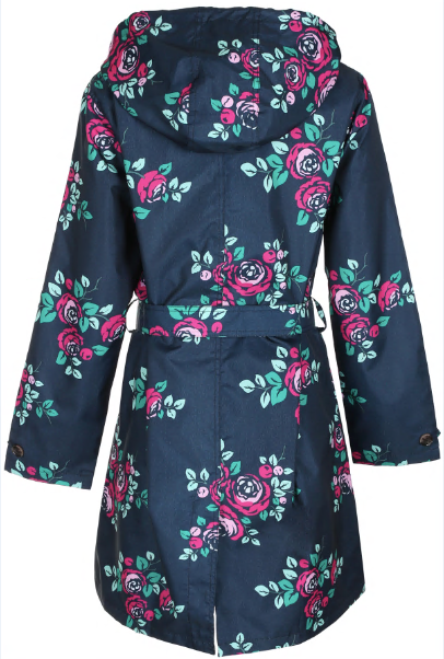 Ladies Floral Printed Mid Length Basic Rain Coat with Removable Hood