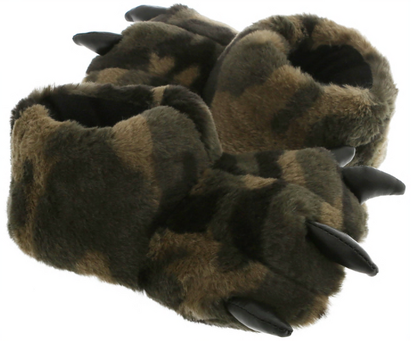 Boys Camo Faux Fur Bear Claw with 3D Contrasting Faux Leather Parts Indoor Slipper