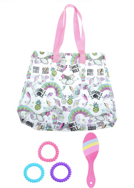Cool Girly Stickers Printed Jelly Tote with Webbed Handle, Hairbrush and Hair Coils