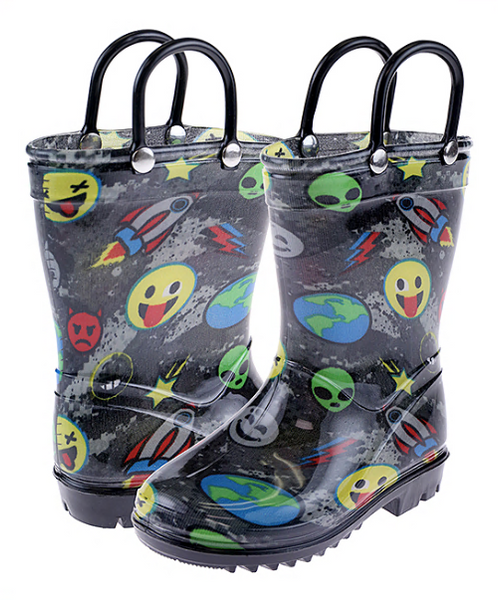 Toddler Boys Shiny Emojis in Space Printed Rain Boot