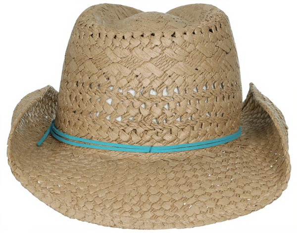 Twisted and Lala Straw Cowboy Hat with Turquoise Faux Suede Tie