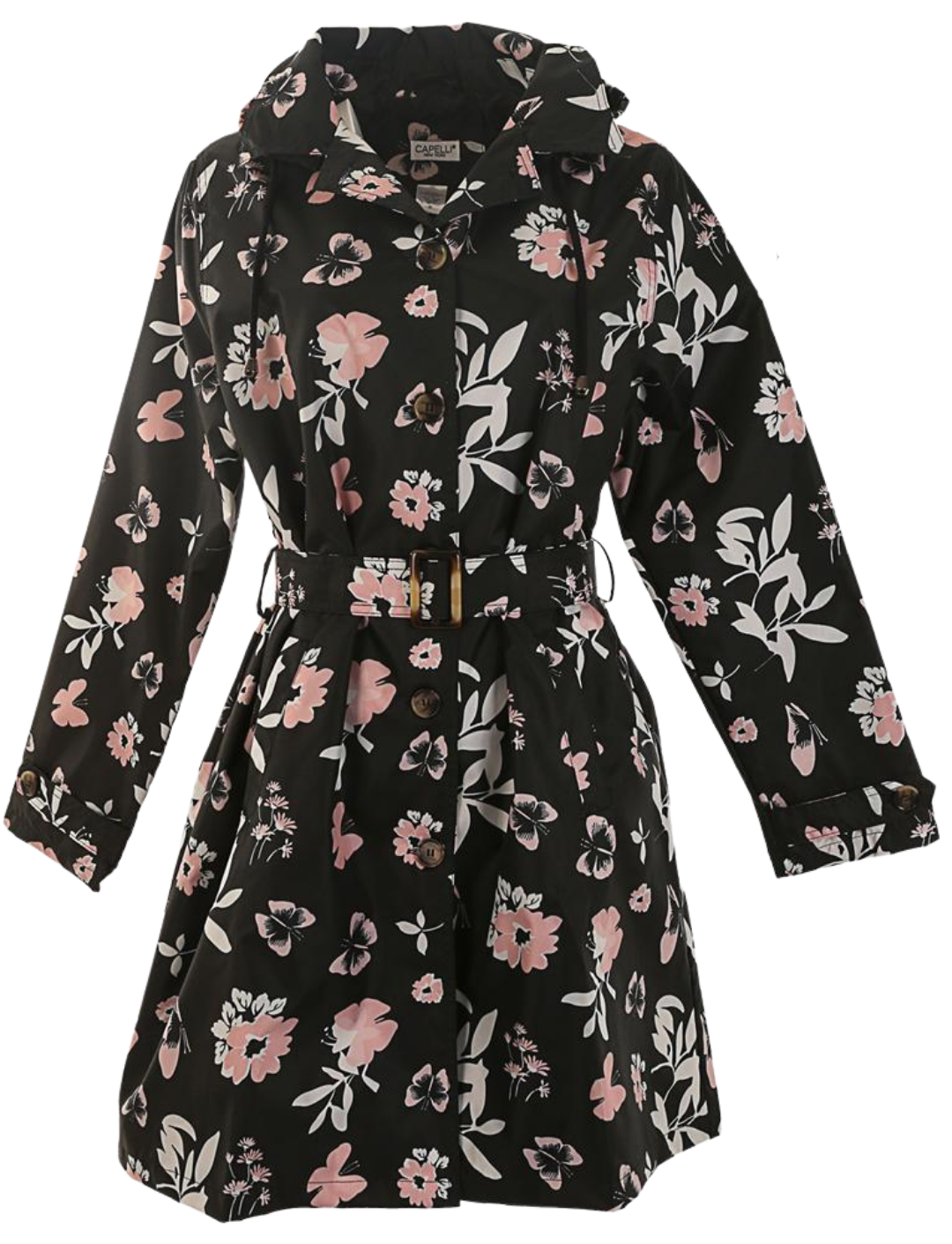 Ladies Butterfly Floral Printed Mid-Length Basic Rain Coat with 