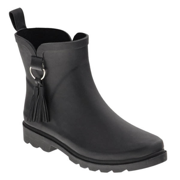 Ladies All Over Matte Short Rain Boot with Side Metal Trim and Tonal Tassel